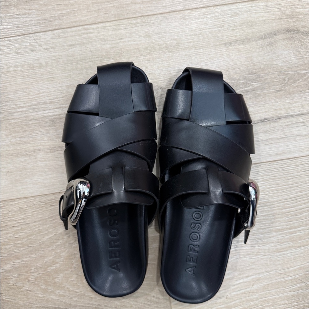 AEROSOLES Black Leather Slide Mule Sandals with Silver Buckle